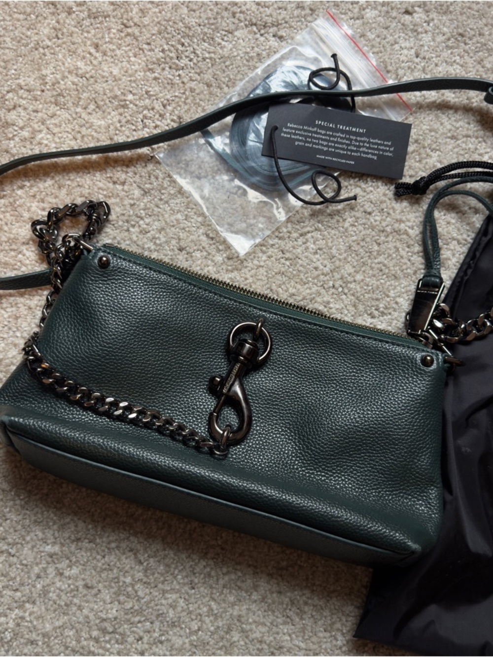 Rebecca Minkoff Dark Green Pebbled Leather Crossbody with Gunmetal Chain